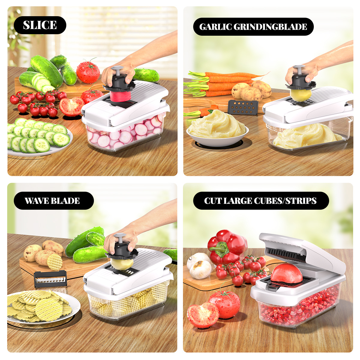 Green Multifunctional Vegetable Slicer – Manual Kitchen Cutter with Adjustable Blades for Slicing, Dicing, Shredding, Garlic Grinding, and Egg White Separation - Image 6