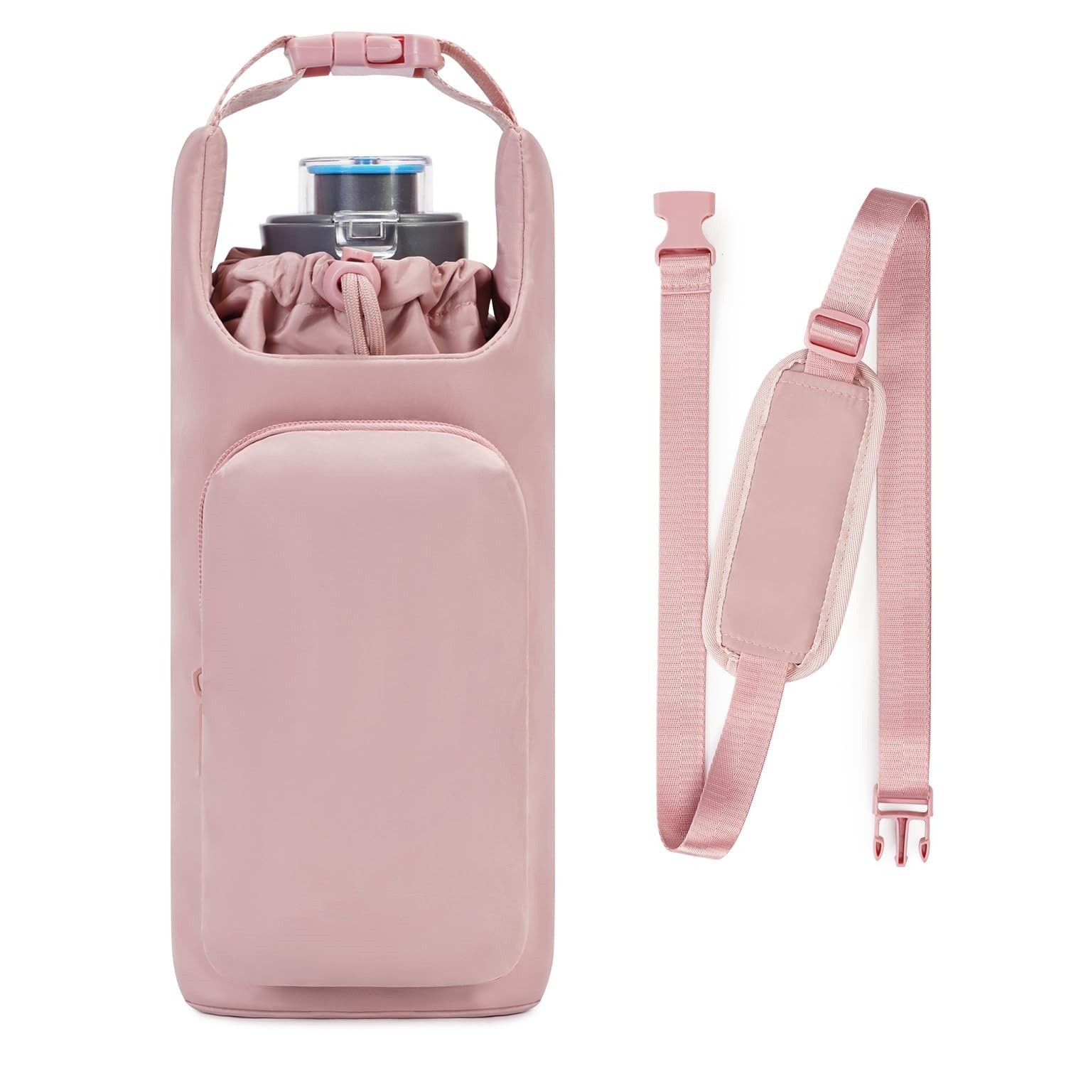 Pink Insulated Water Bottle Carrier with Shoulder Strap – Portable Sleeve for Large Bottles, Featuring Front Pocket and Key Hook - Image 1
