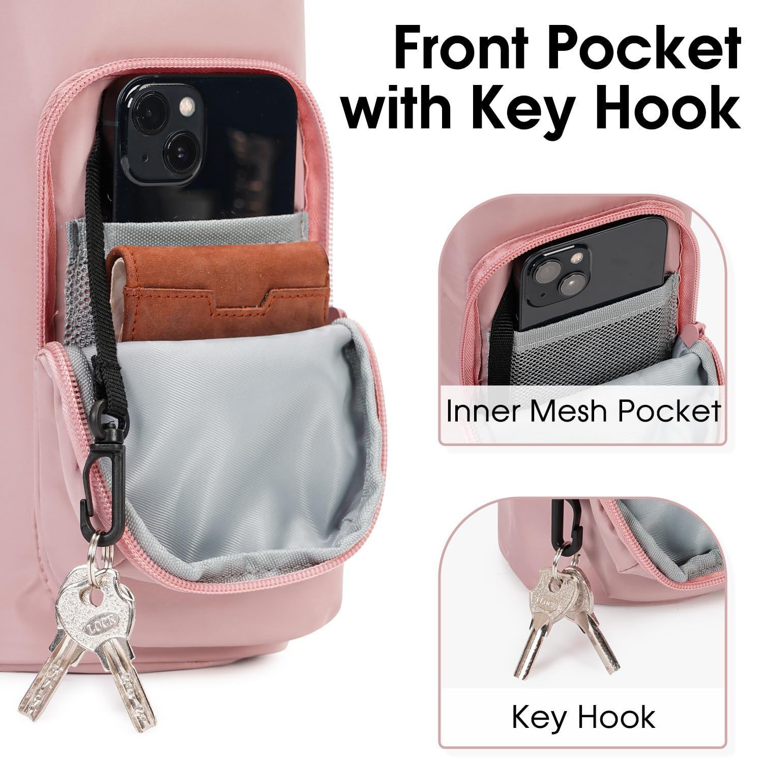 Pink Insulated Water Bottle Carrier with Shoulder Strap – Portable Sleeve for Large Bottles, Featuring Front Pocket and Key Hook - Image 3