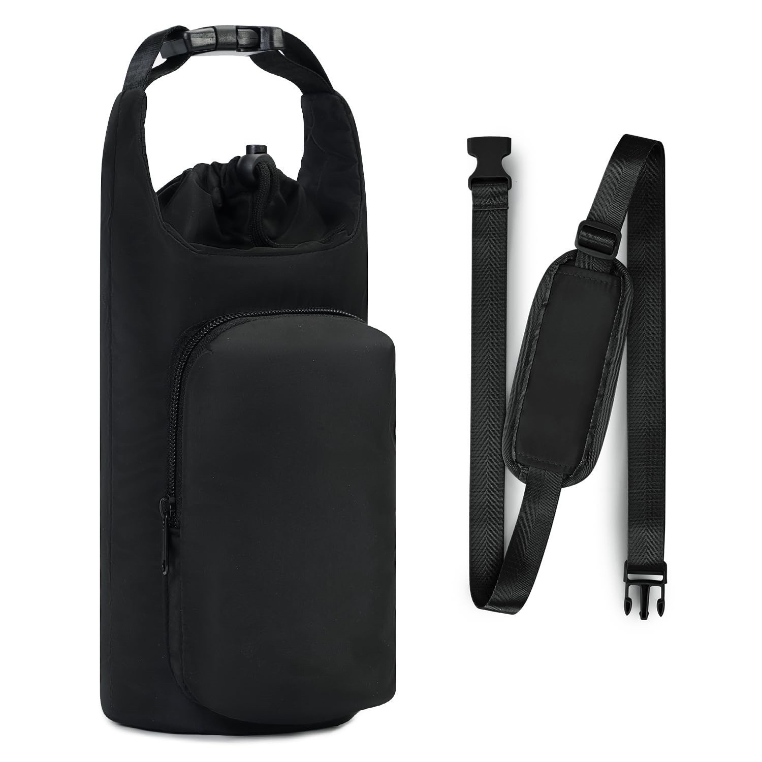 Black Insulated Water Bottle Carrier with Shoulder Strap – Portable Sleeve for Large Bottles, Featuring Front Pocket and Key Hook - Image 1