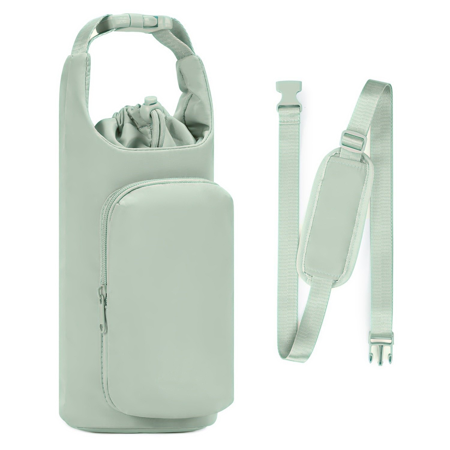 Green Insulated Water Bottle Carrier with Shoulder Strap – Portable Sleeve for Large Bottles, Featuring Front Pocket and Key Hook - Image 1