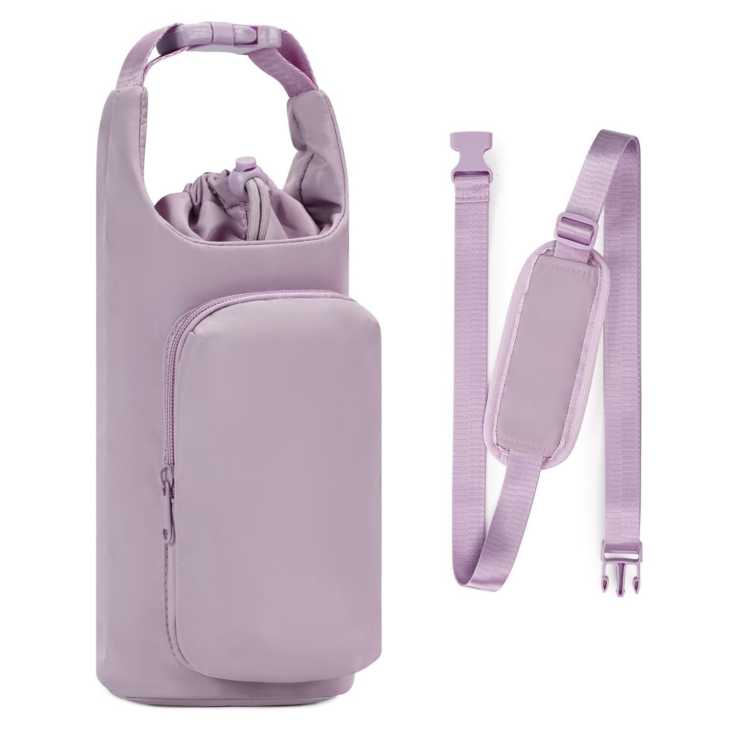 Purple Insulated Water Bottle Carrier with Shoulder Strap – Portable Sleeve for Large Bottles, Featuring Front Pocket and Key Hook - Image 1