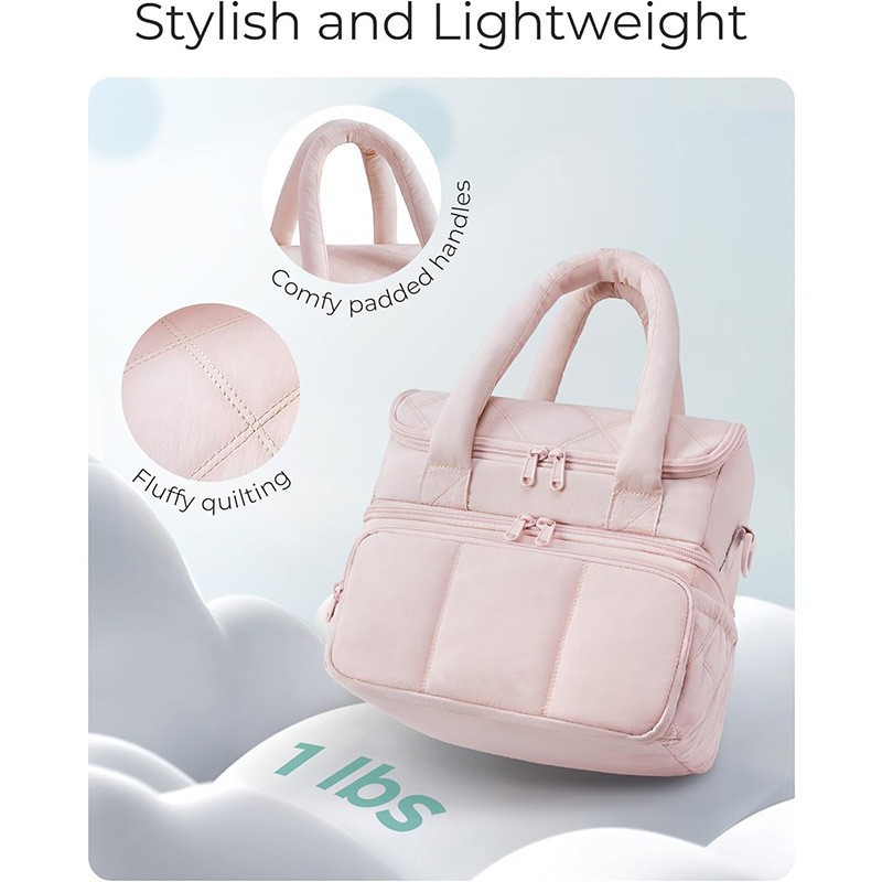 Beige Double-Layer Insulated Lunch Bag – Quilted Design with Top and Bottom Compartments, Shoulder Strap, and Smooth Two-Way Zippers - Image 2