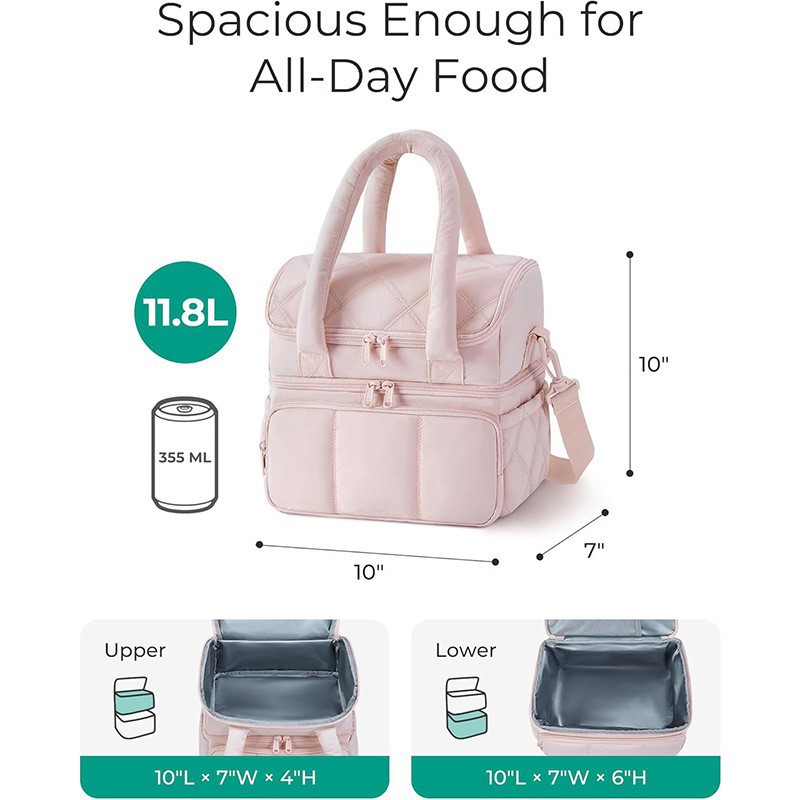 Beige Double-Layer Insulated Lunch Bag – Quilted Design with Top and Bottom Compartments, Shoulder Strap, and Smooth Two-Way Zippers - Image 4