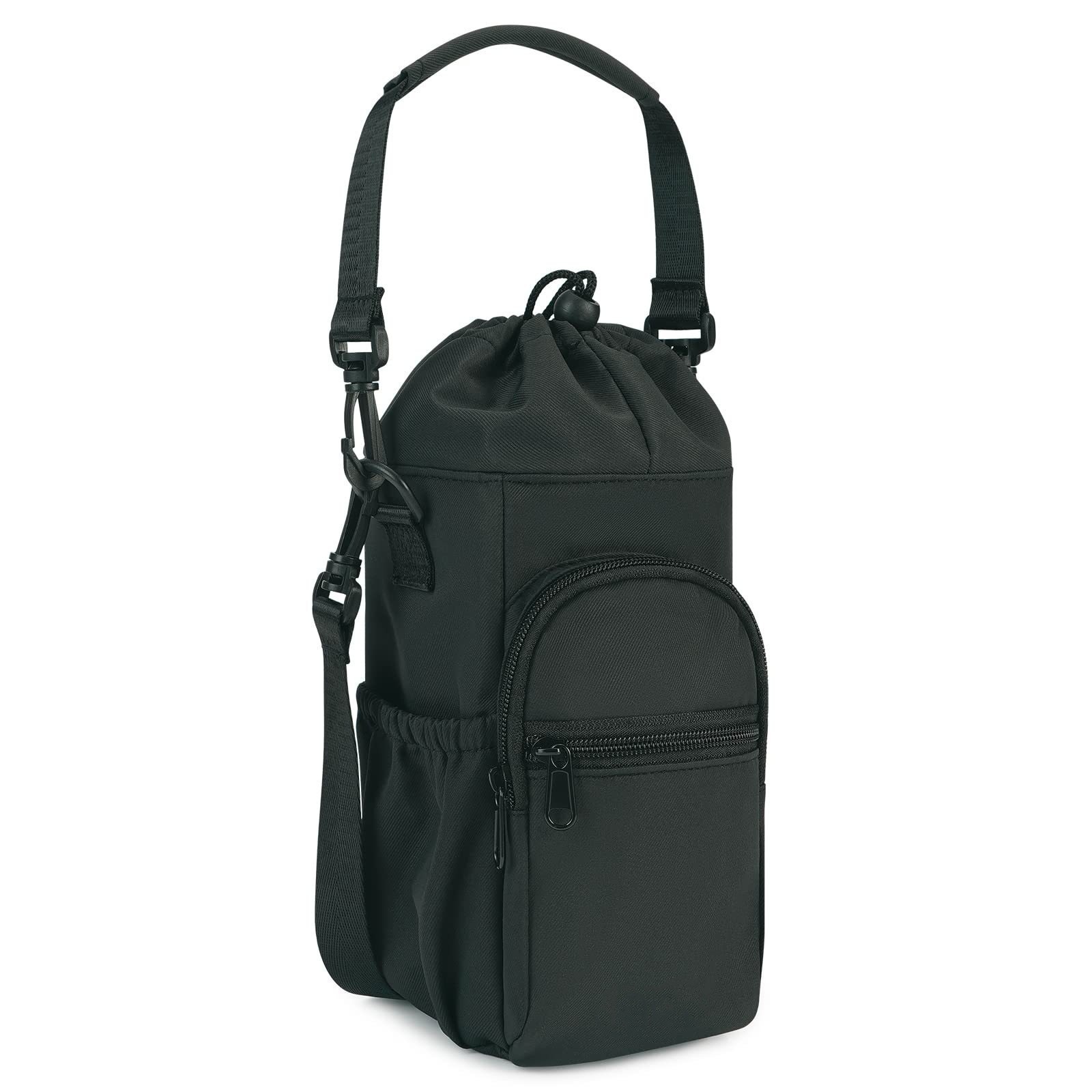 Black Water Bottle Carrier with Drawstring Closure – Adjustable Shoulder Strap, Front Pocket, and Side Storage for Daily Use - Image 1