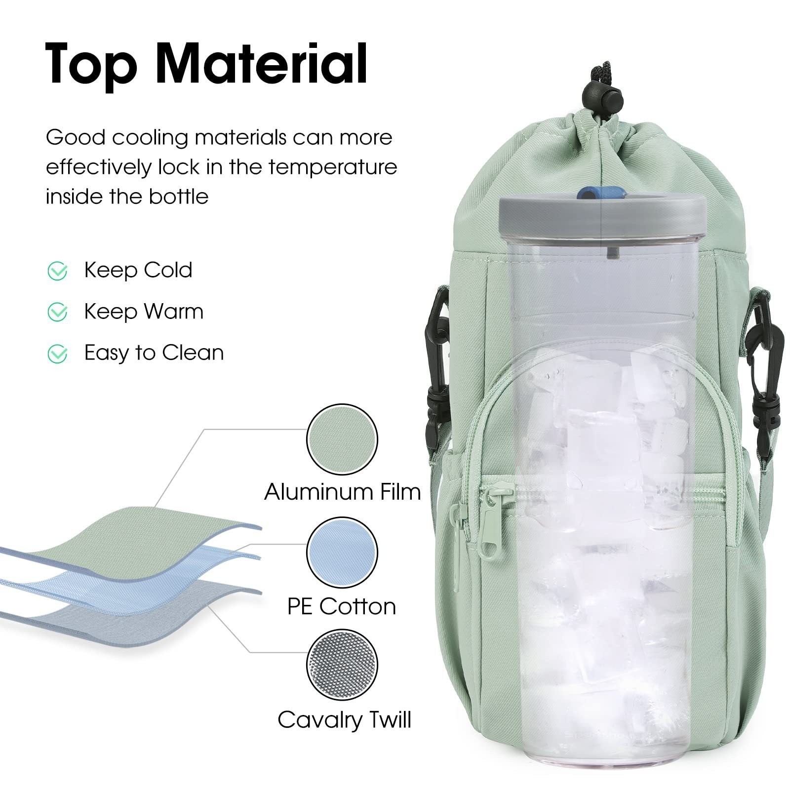 Black Water Bottle Carrier with Drawstring Closure – Adjustable Shoulder Strap, Front Pocket, and Side Storage for Daily Use - Image 2