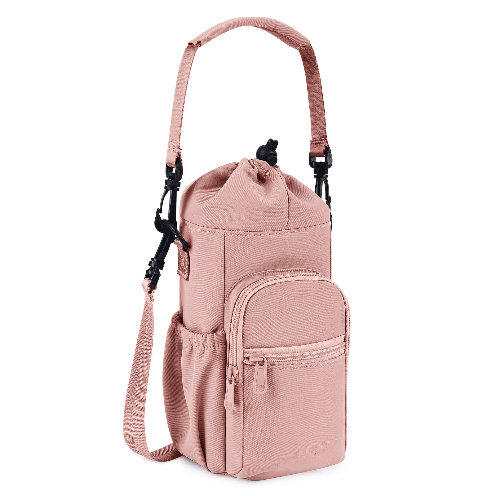 Pink Water Bottle Carrier with Drawstring Closure – Adjustable Shoulder Strap, Front Pocket, and Side Storage for Daily Use - Image 1