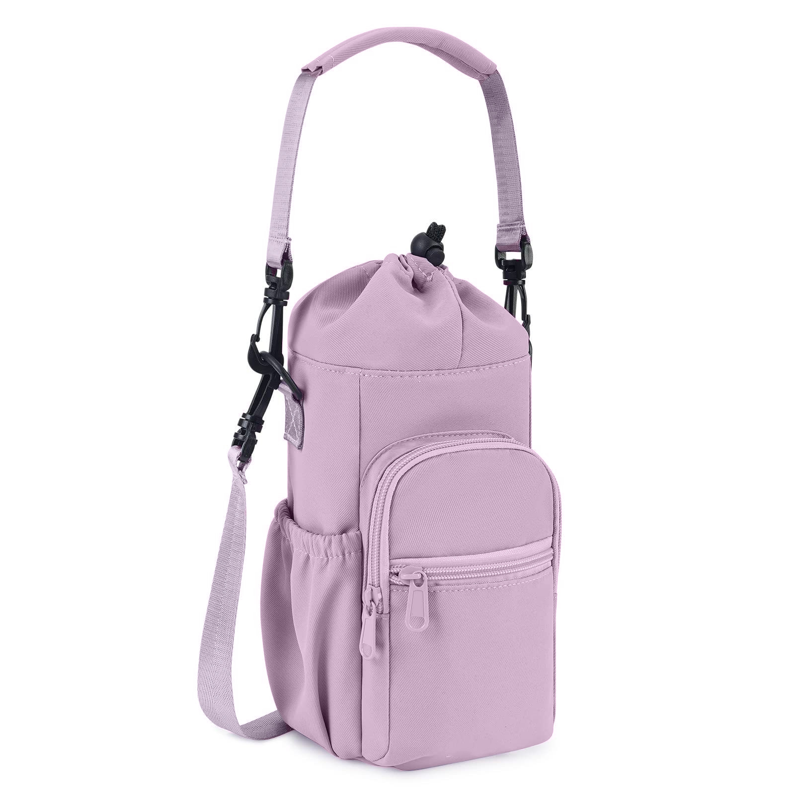Purple Water Bottle Carrier with Drawstring Closure – Adjustable Shoulder Strap, Front Pocket, and Side Storage for Daily Use - Image 1