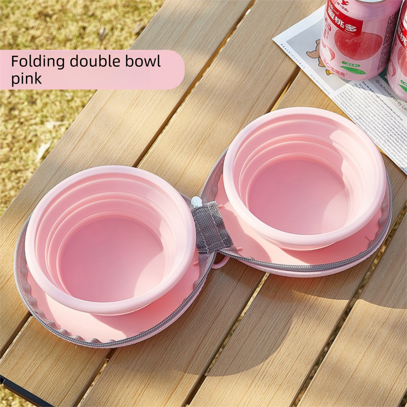Pink Portable Foldable Dual Bowl for Pets – Silicone Feeding and Water Dish with Compact Storage Design - Image 1