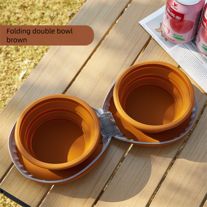 Brown Portable Foldable Dual Bowl for Pets – Silicone Feeding and Water Dish with Compact Storage Design - Image 1
