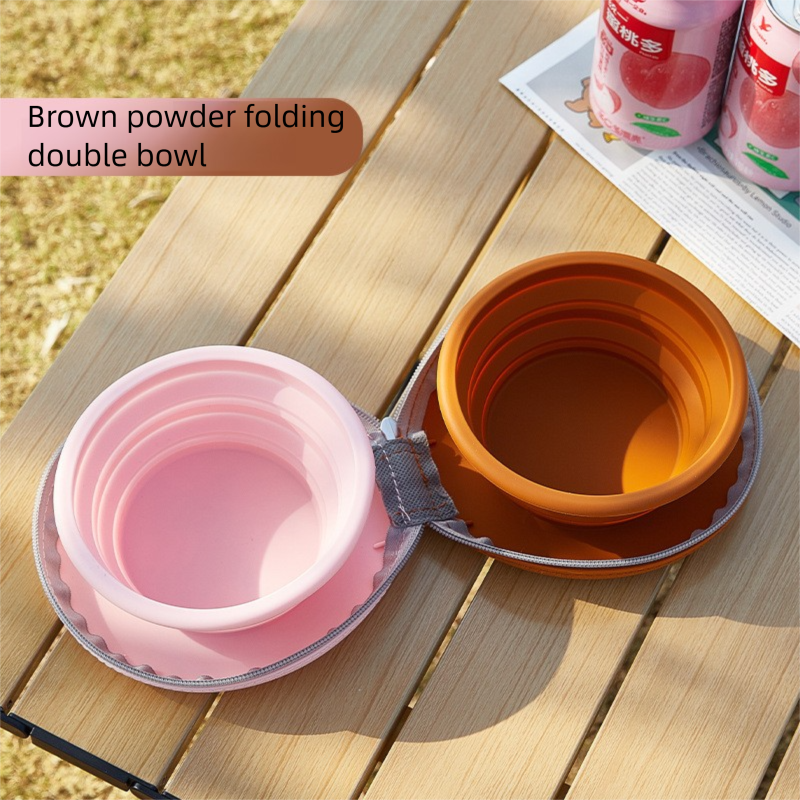 Brown and pink Portable Foldable Dual Bowl for Pets – Silicone Feeding and Water Dish with Compact Storage Design - Image 1