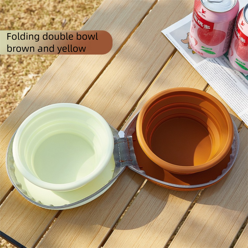 Brown and yellow Portable Foldable Dual Bowl for Pets – Silicone Feeding and Water Dish with Compact Storage Design - Image 1