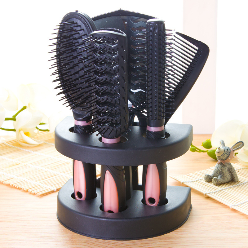 Pink 5-Piece Hair Care Set with Rotating Stand – Includes Flat Comb, Styling Brush, Massage Comb, Round Brush, and Handheld Mirror - Image 1