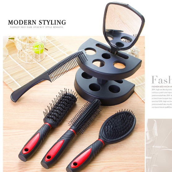 Pink 5-Piece Hair Care Set with Rotating Stand – Includes Flat Comb, Styling Brush, Massage Comb, Round Brush, and Handheld Mirror - Image 2