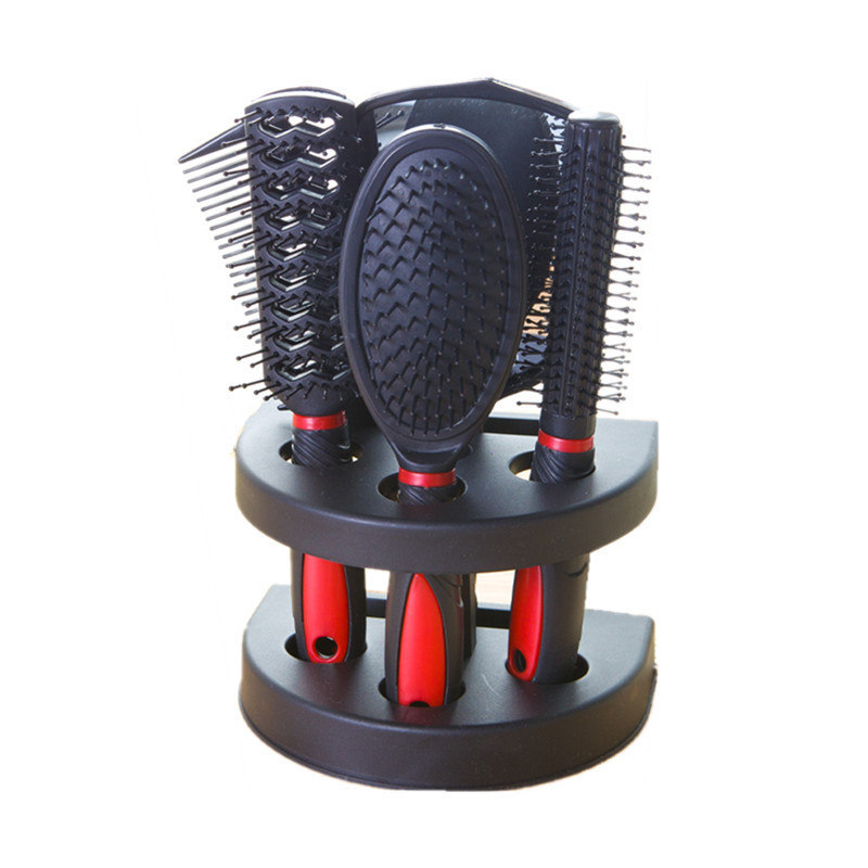 Red 5-Piece Hair Care Set with Rotating Stand – Includes Flat Comb, Styling Brush, Massage Comb, Round Brush, and Handheld Mirror - Image 1