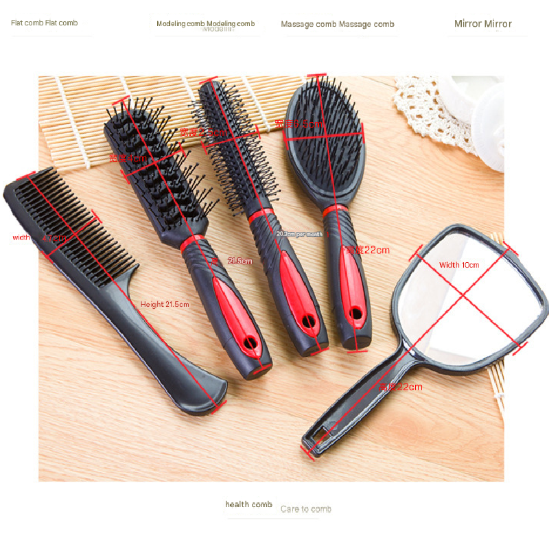 Red 5-Piece Hair Care Set with Rotating Stand – Includes Flat Comb, Styling Brush, Massage Comb, Round Brush, and Handheld Mirror - Image 4