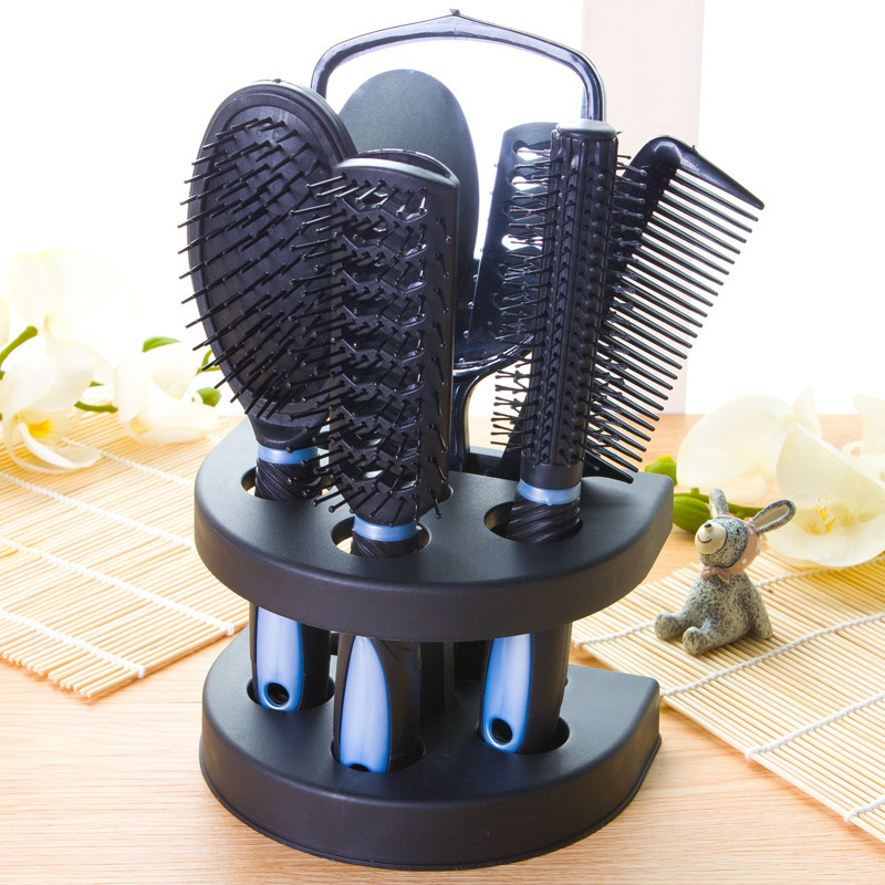 Blue 5-Piece Hair Care Set with Rotating Stand – Includes Flat Comb, Styling Brush, Massage Comb, Round Brush, and Handheld Mirror - Image 1