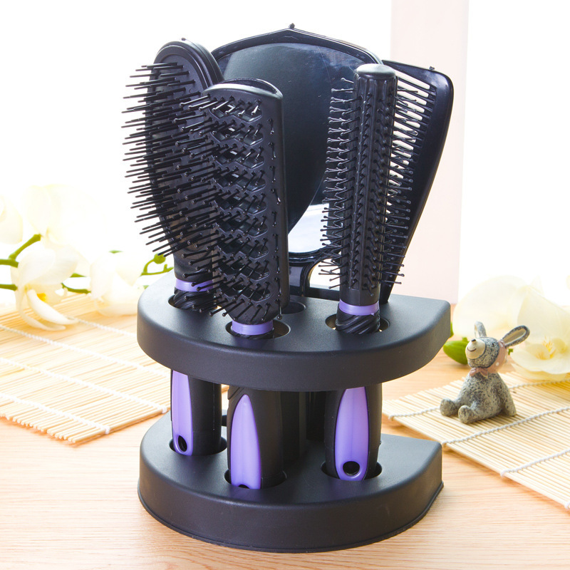 Purple 5-Piece Hair Care Set with Rotating Stand – Includes Flat Comb, Styling Brush, Massage Comb, Round Brush, and Handheld Mirror - Image 1