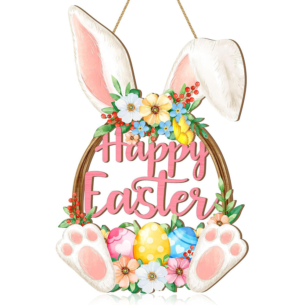 Happy Easter Wooden Wall Hanging Sign with Floral Design and Bunny Ears for Spring Home Decor Door Decoration - Image 1