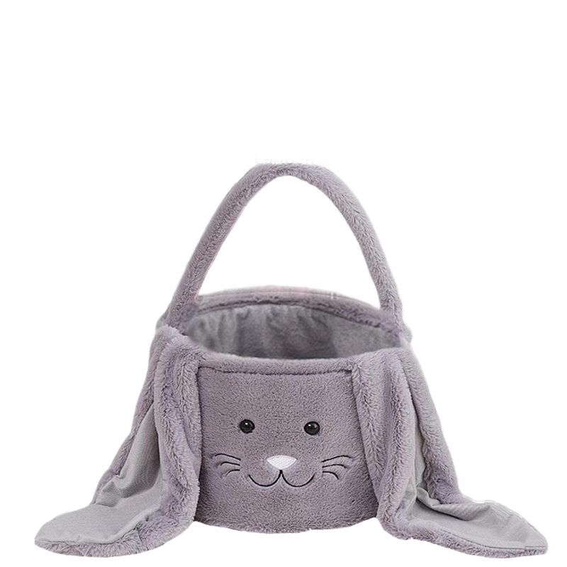 Grey Cute Plush Bunny Easter Basket with Long Ears and Personalization Option for Kids Egg Hunt and Spring Celebration - Image 1