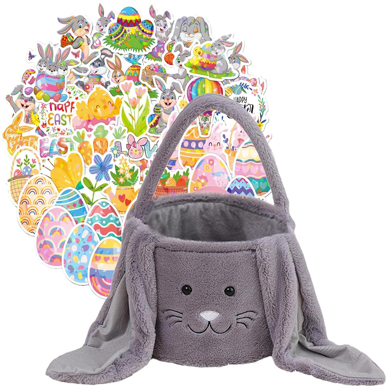Grey Cute Plush Bunny Easter Basket with Long Ears and Personalization Option for Kids Egg Hunt and Spring Celebration - Image 2