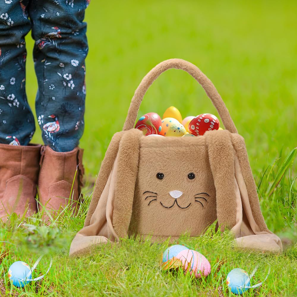 Grey Cute Plush Bunny Easter Basket with Long Ears and Personalization Option for Kids Egg Hunt and Spring Celebration - Image 3