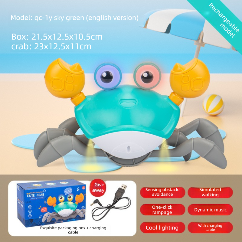 Electric Induction Crawling Crab Baby Toy Interactive Obstacle Avoidance Moving Pet with Music & Light USB Rechargeable Tummy Time Gift Sky Green - Image 1