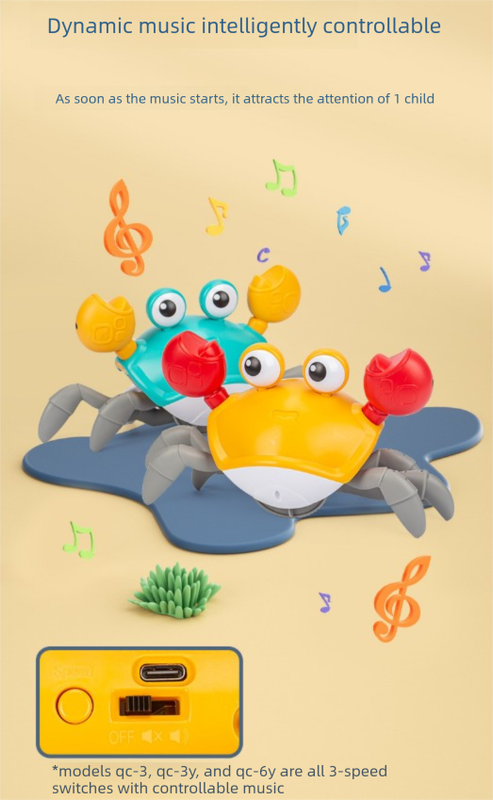 Electric Induction Crawling Crab Baby Toy Interactive Obstacle Avoidance Moving Pet with Music & Light USB Rechargeable Tummy Time Gift Sky Green - Image 3