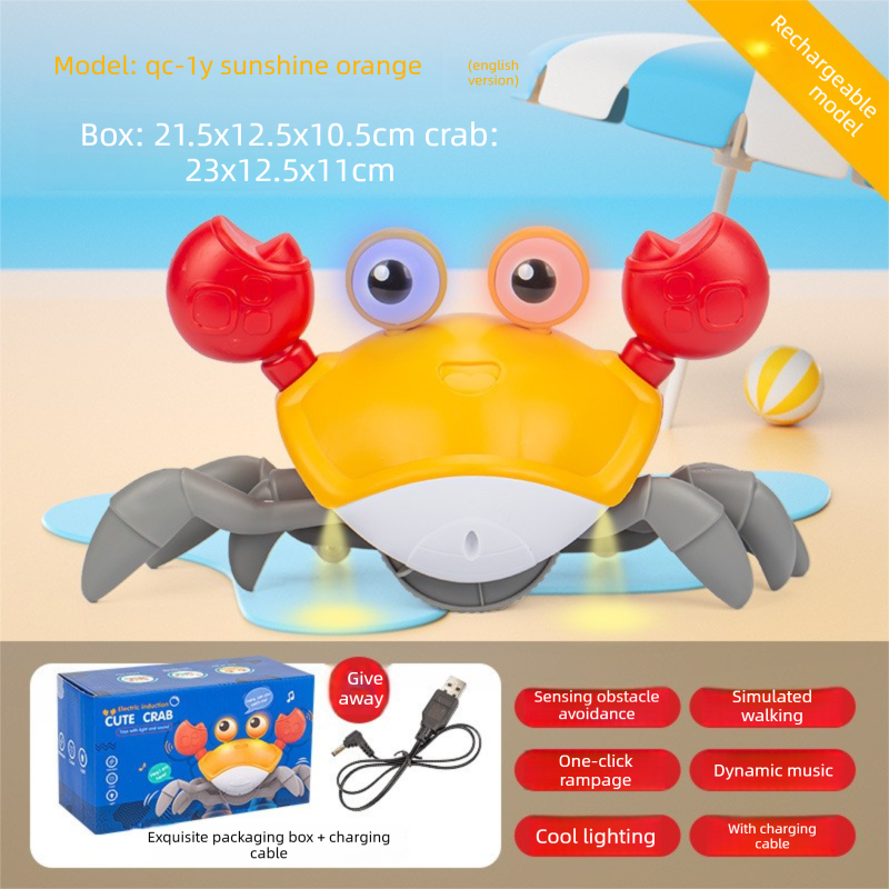Electric Induction Crawling Crab Baby Toy Interactive Obstacle Avoidance Moving Pet with Music & Light USB Rechargeable Tummy Time Gift Sun Orange - Image 1