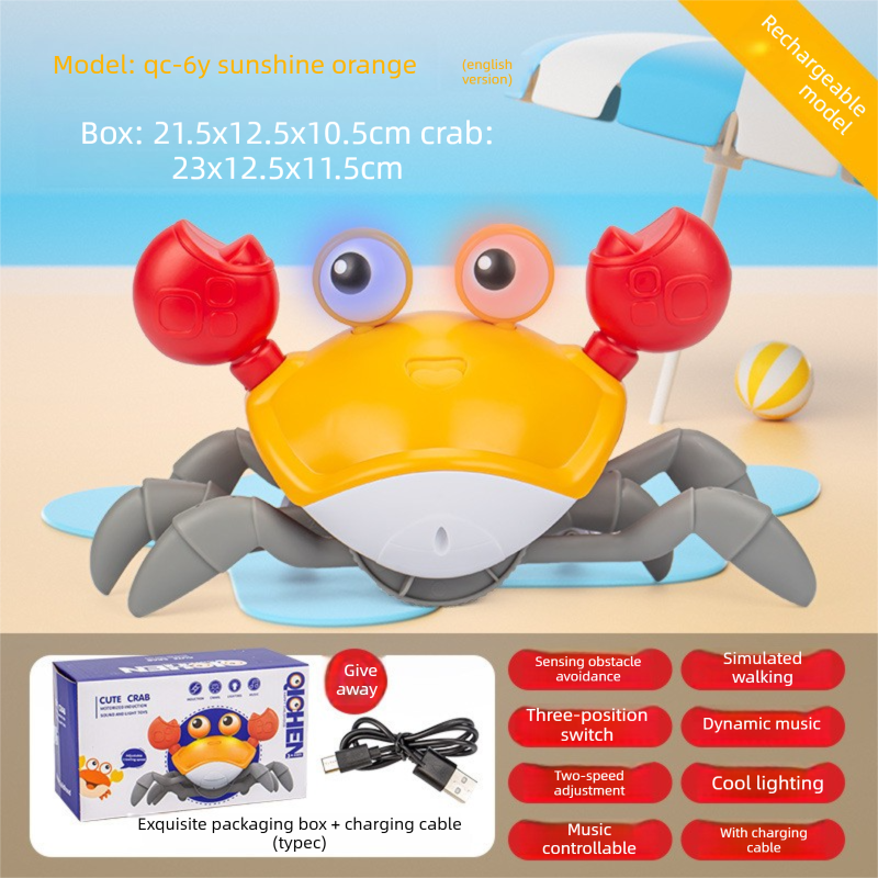 Upgraded Induction Crawling Crab Baby Toy with Silent Mode & Speed Control USB-C Rechargeable Obstacle Avoidance Tummy Time Pet Sun Orange - Image 1