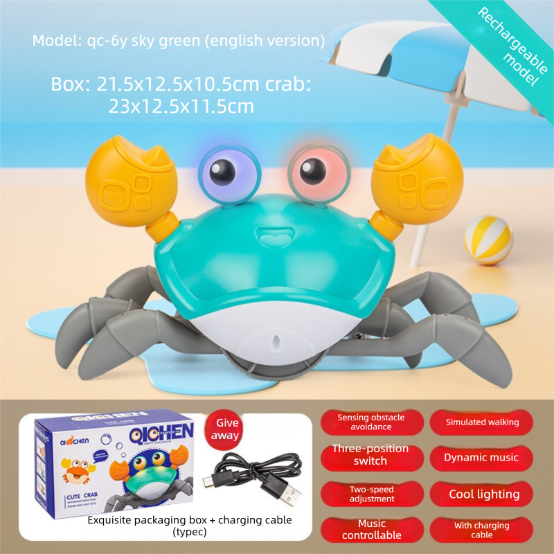 Electric Induction Crawling Crab Baby Toy Battery Operated with Silent Mode Music Off Switch Obstacle Avoidance Tummy Time Gift Sky Green - Image 1