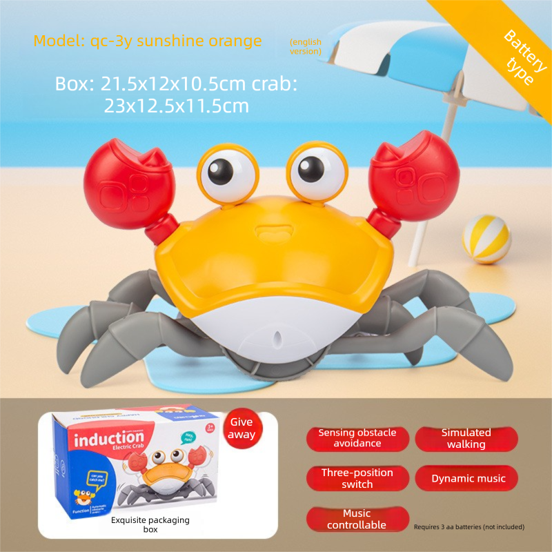Electric Induction Crawling Crab Baby Toy Battery Operated with Silent Mode Music Off Switch Obstacle Avoidance Tummy Time Gift Sun Orange - Image 1
