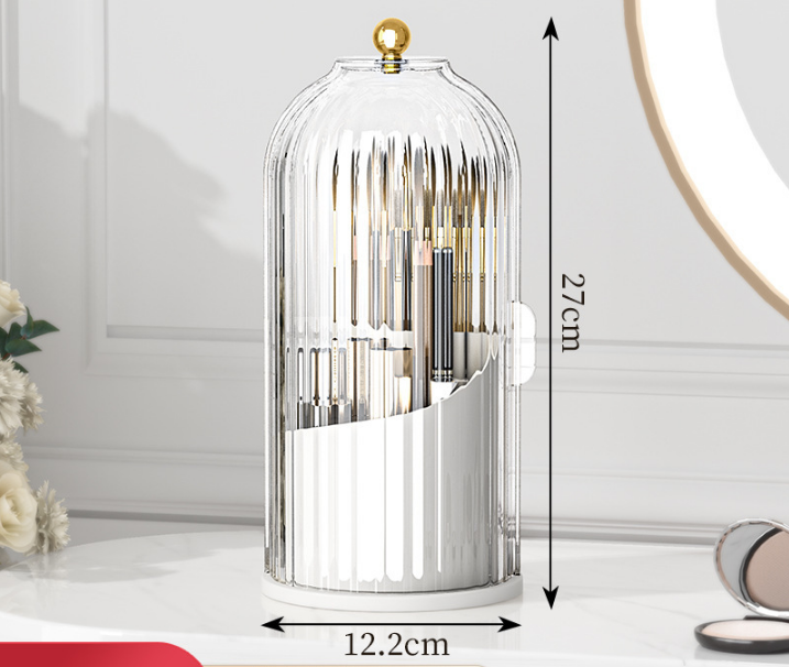360 Degree Rotating Makeup Brush Organiser with Dustproof Lid Clear Cosmetic Storage Cylinder for Vanity Dressing Table Transparent White - Image 1