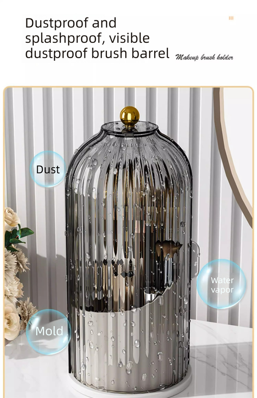 360 Degree Rotating Makeup Brush Organiser with Dustproof Lid Clear Cosmetic Storage Cylinder for Vanity Dressing Table Transparent White - Image 5