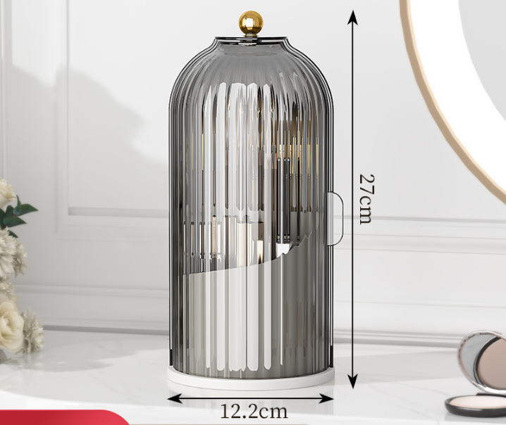 360 Degree Rotating Makeup Brush Organiser with Dustproof Lid Clear Cosmetic Storage Cylinder for Vanity Dressing Table Transparent Grey - Image 1