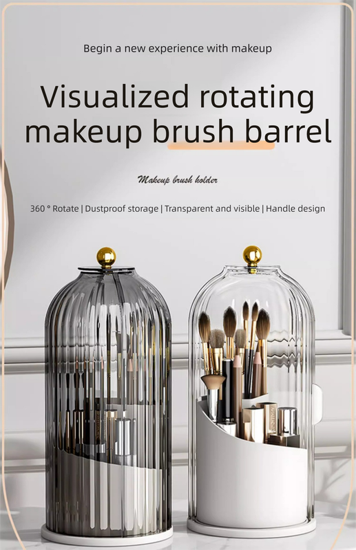 360 Degree Rotating Makeup Brush Organiser with Dustproof Lid Clear Cosmetic Storage Cylinder for Vanity Dressing Table Transparent Grey - Image 2