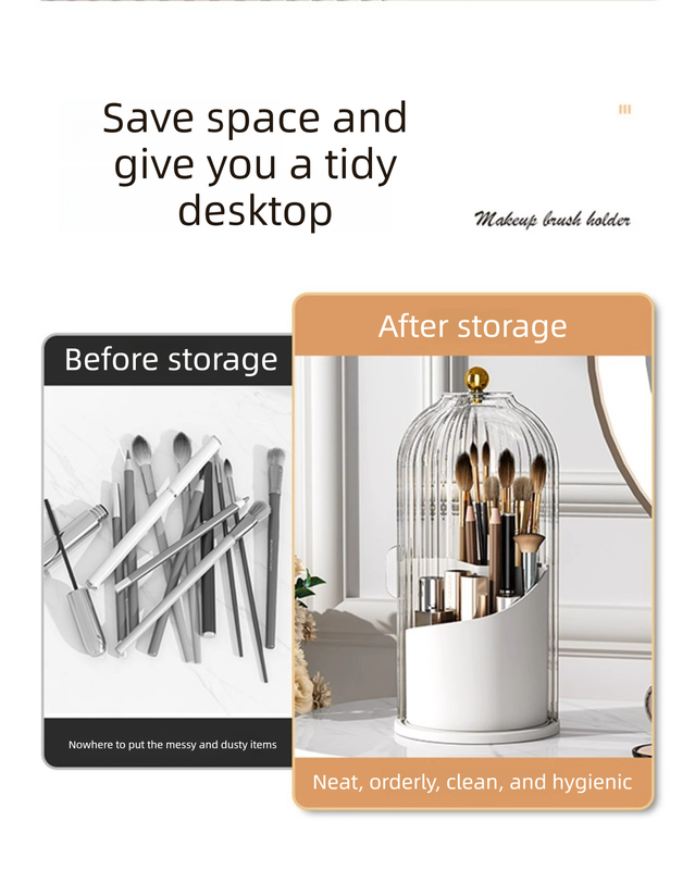 360 Degree Rotating Makeup Brush Organiser with Dustproof Lid Clear Cosmetic Storage Cylinder for Vanity Dressing Table Transparent Grey - Image 4