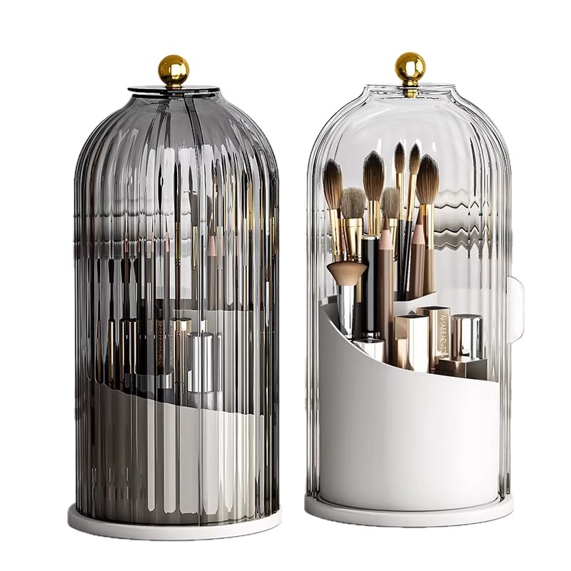 2 PCS Rotating Makeup Brush Organiser Set Dustproof Cosmetic Storage Holder White & Grey Duo for Vanity Bathroom - Image 1