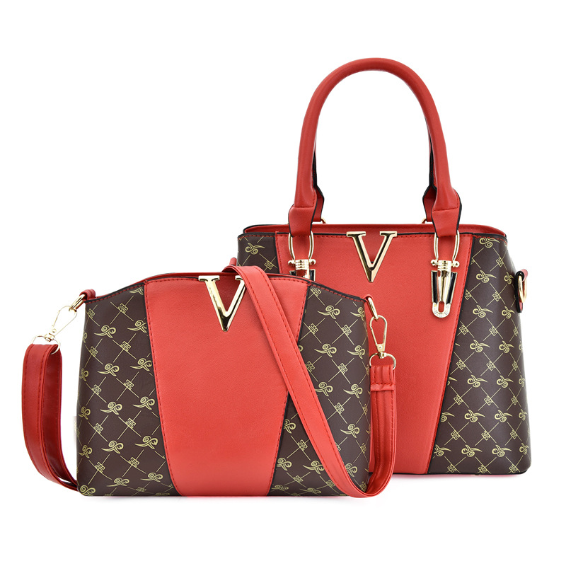 2 PCS Women's Handbag Set PU Leather Tote & Crossbody Purse Fashion Splicing Design Red - Image 1