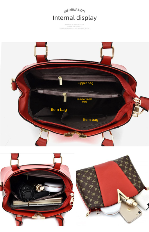 2 PCS Women's Handbag Set PU Leather Tote & Crossbody Purse Fashion Splicing Design Red - Image 6