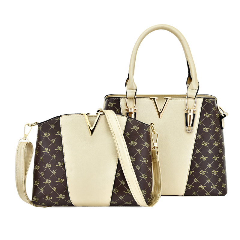 2 PCS Women's Handbag Set PU Leather Tote & Crossbody Purse Fashion Splicing Design Golden - Image 1