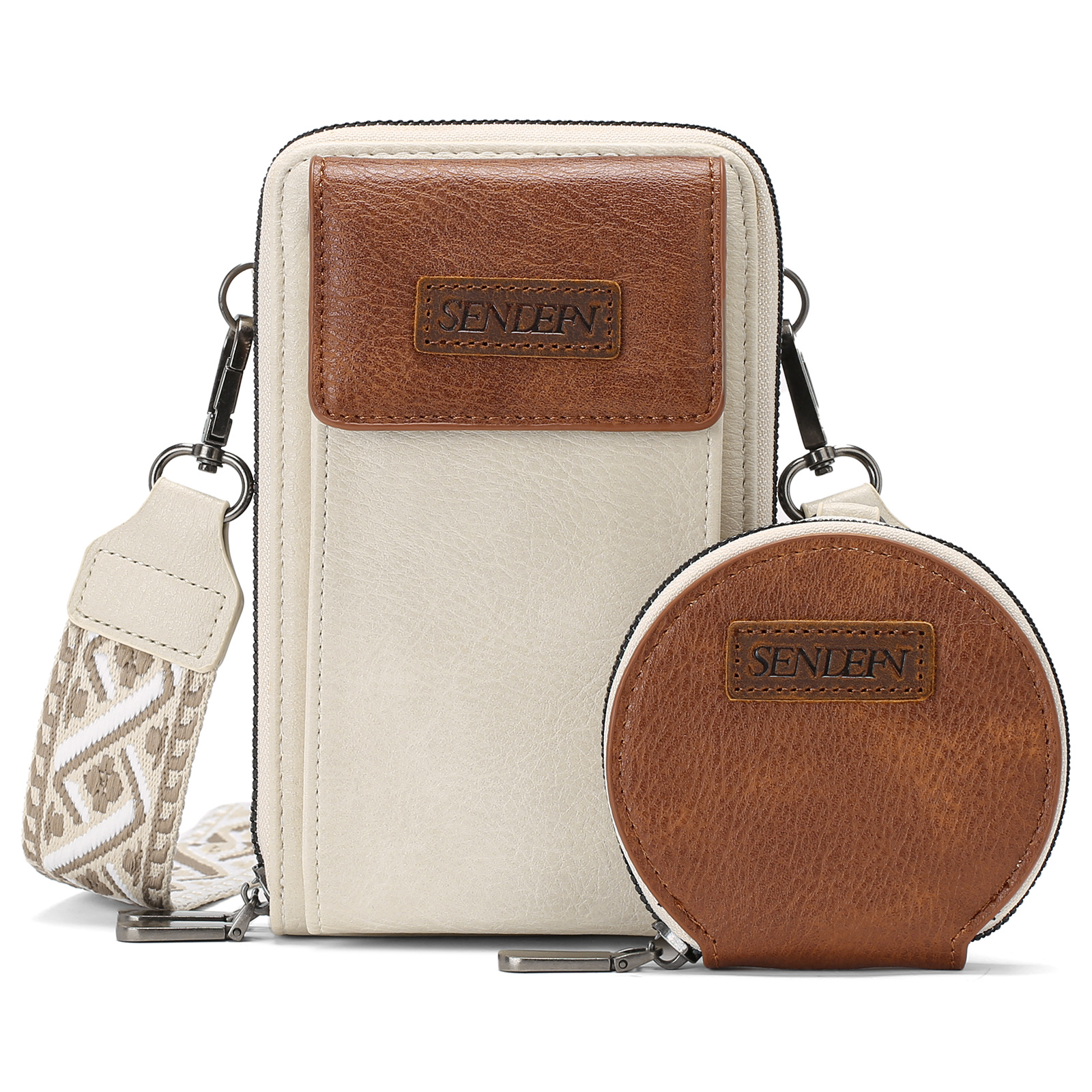 Women's Crossbody Phone Bag with Coin Pouch PU Leather Shoulder Purse Adjustable Wide Strap for Travel & Daily Use White & Brown - Image 1
