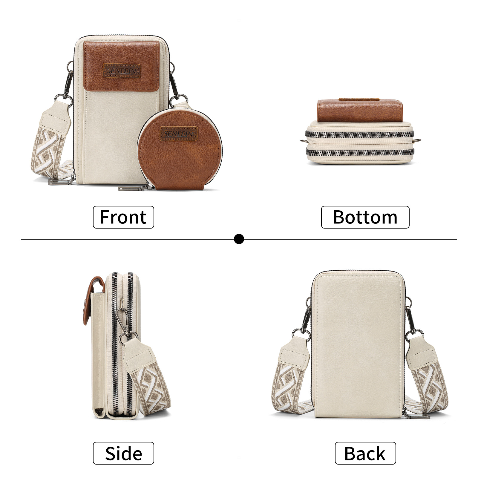 Women's Crossbody Phone Bag with Coin Pouch PU Leather Shoulder Purse Adjustable Wide Strap for Travel & Daily Use White & Brown - Image 5