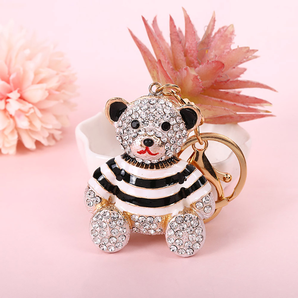 Black Stripe Crystal Bear Keychain Sparkly Rhinestone Bag Charm Cute Alloy Keyring Gift - Image 1