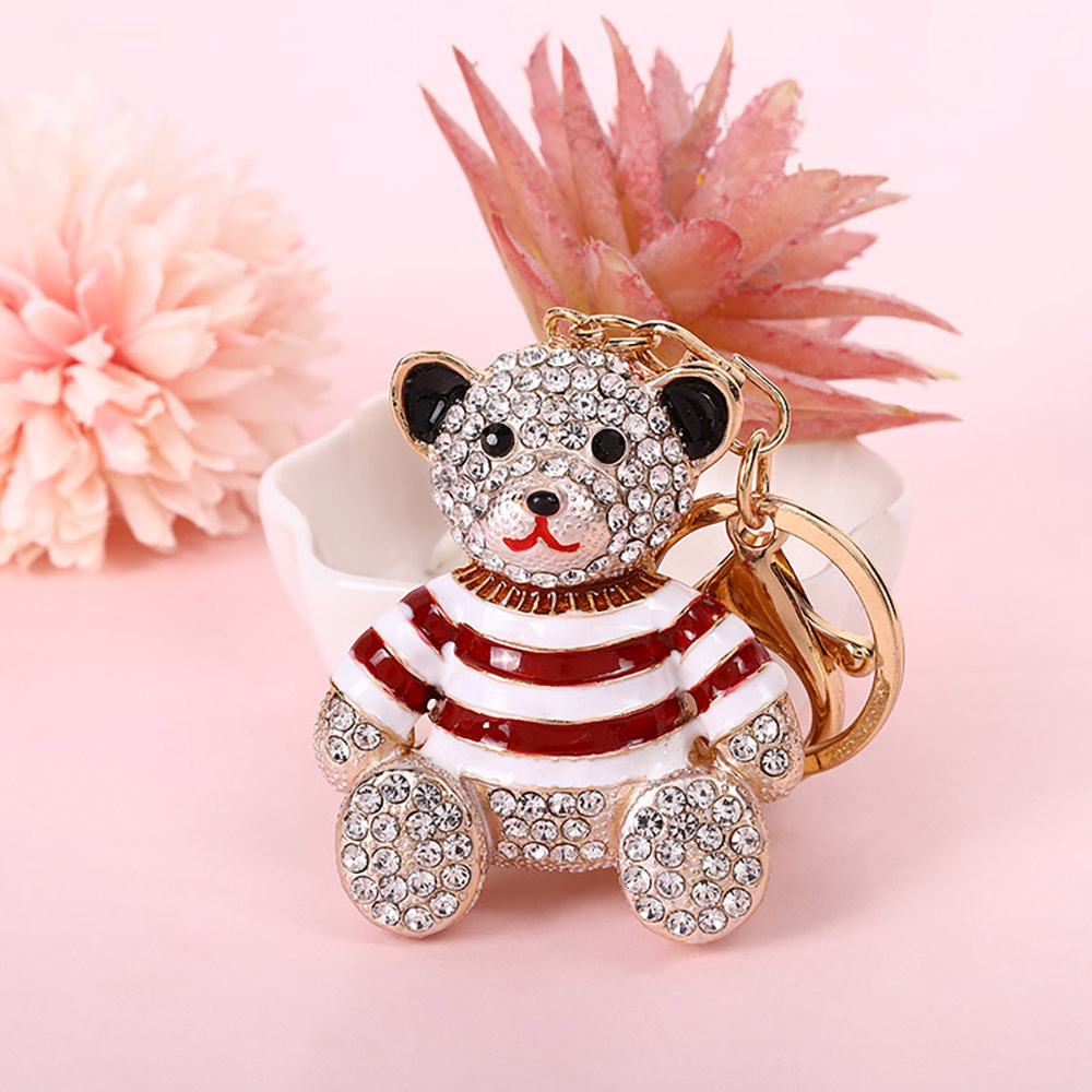 Red Stripe Crystal Bear Keychain Sparkly Rhinestone Bag Charm Cute Alloy Keyring Gift - Image 1