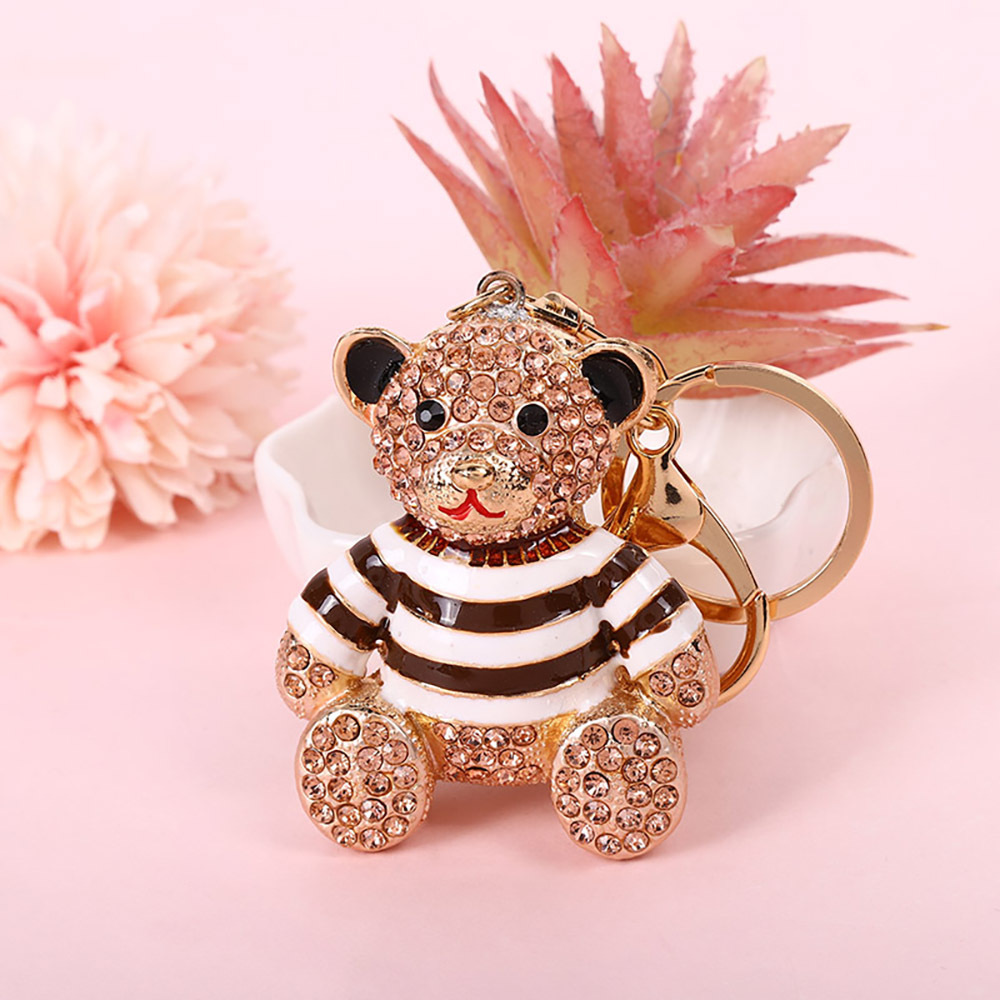 Peach Stripe Crystal Bear Keychain Sparkly Rhinestone Bag Charm Cute Alloy Keyring Gift - Image 1