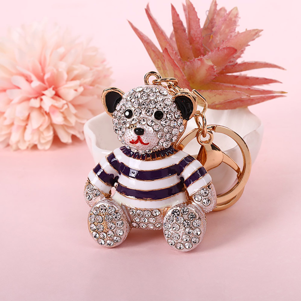 Purple Stripe Crystal Bear Keychain Sparkly Rhinestone Bag Charm Cute Alloy Keyring Gift - Image 1