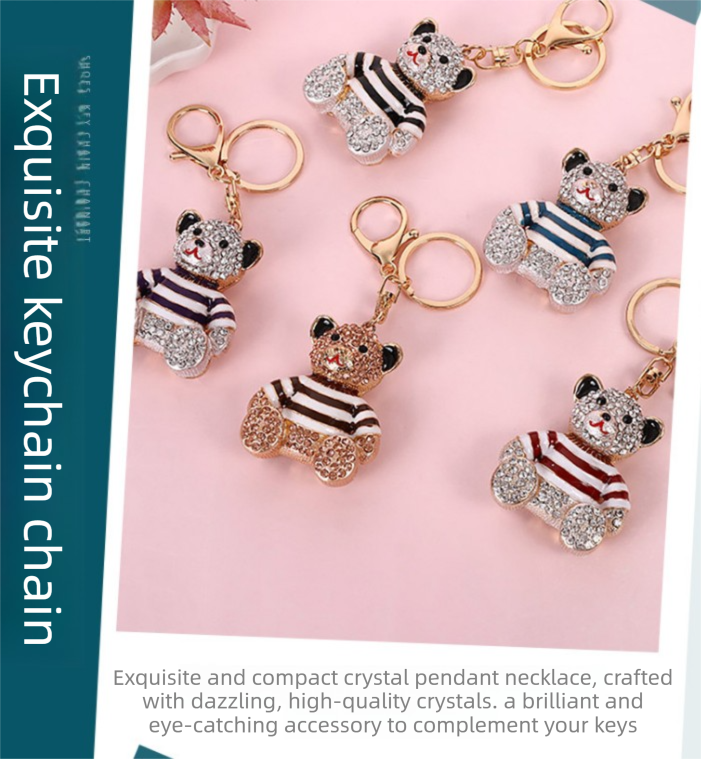 Purple Stripe Crystal Bear Keychain Sparkly Rhinestone Bag Charm Cute Alloy Keyring Gift - Image 2