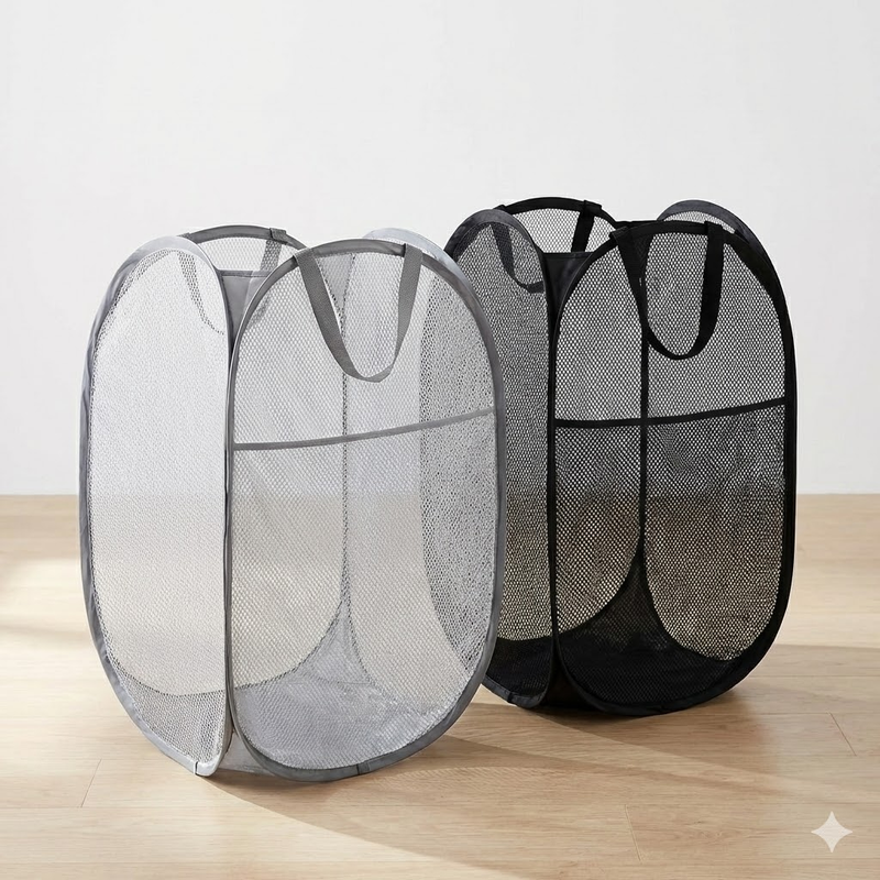 2 PCS Mesh Pop Up Laundry Hamper Collapsible Washing Basket with Side Pocket & Reinforced Handles Portable Dirty Clothes Bin for Dorm Travel & Toy Storage (Black & Grey) - Image 1