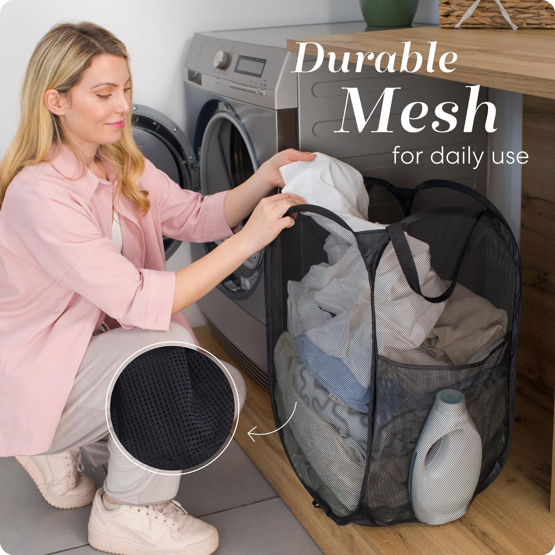 2 PCS Mesh Pop Up Laundry Hamper Collapsible Washing Basket with Side Pocket & Reinforced Handles Portable Dirty Clothes Bin for Dorm Travel & Toy Storage (Black & Grey) - Image 2